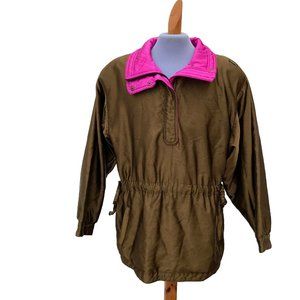 Skea Paris Vail Popover Anorak Ski Jacket Vintage 80s Metallic Olive & Pink